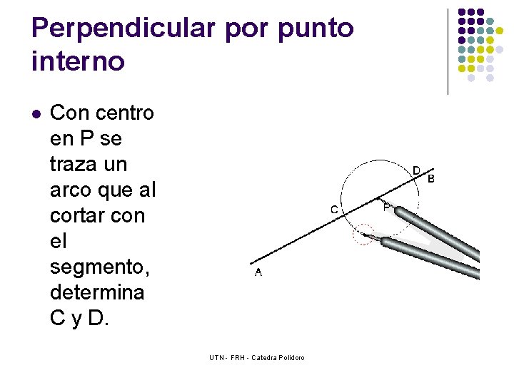 Perpendicular por punto interno l Con centro en P se traza un arco que