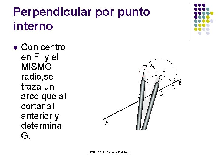 Perpendicular por punto interno l Con centro en F y el MISMO radio, se