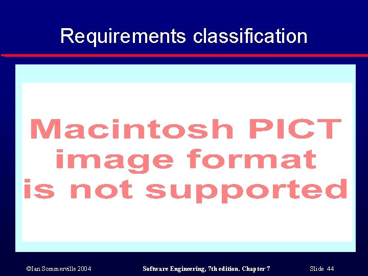 Requirements classification ©Ian Sommerville 2004 Software Engineering, 7 th edition. Chapter 7 Slide 44