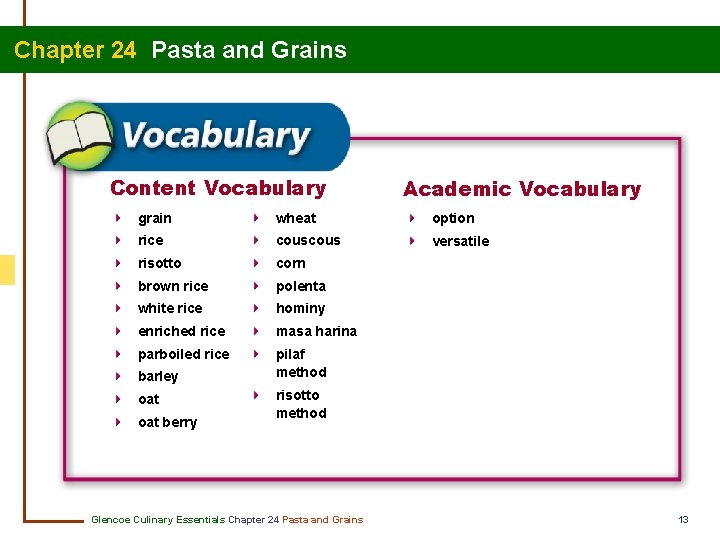 Chapter 24 Pasta and Grains Content Vocabulary Academic Vocabulary grain wheat option rice cous