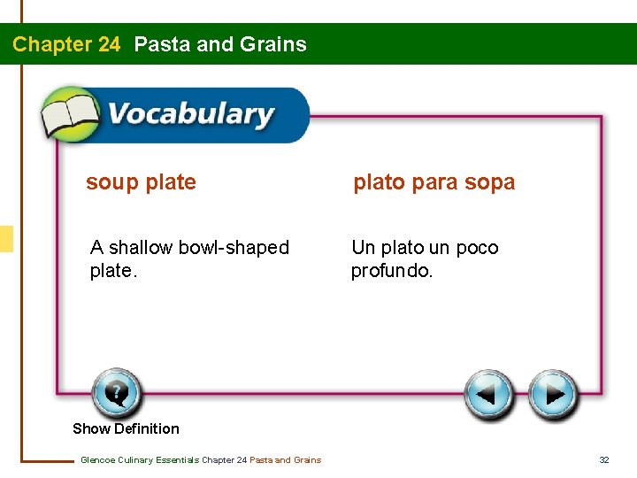 Chapter 24 Pasta and Grains soup plate plato para sopa A shallow bowl-shaped plate.