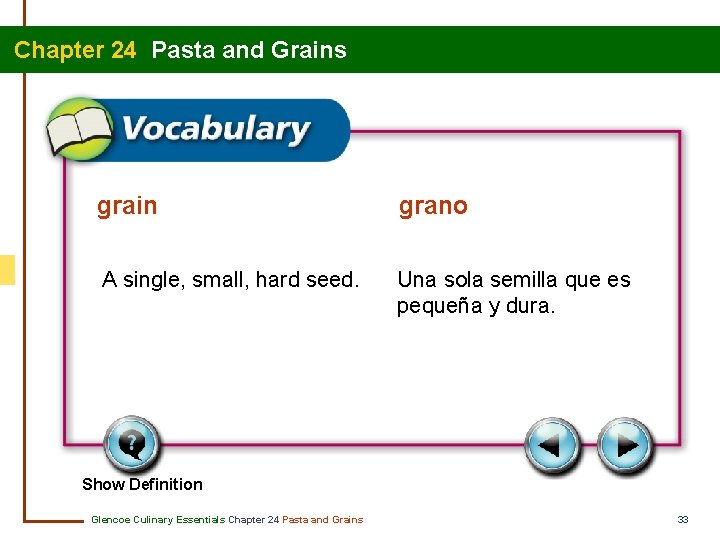 Chapter 24 Pasta and Grains grain grano A single, small, hard seed. Una sola