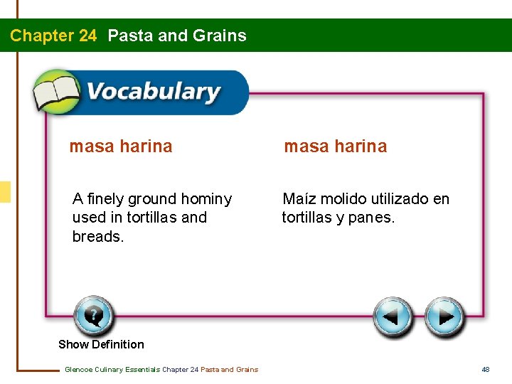 Chapter 24 Pasta and Grains masa harina A finely ground hominy used in tortillas