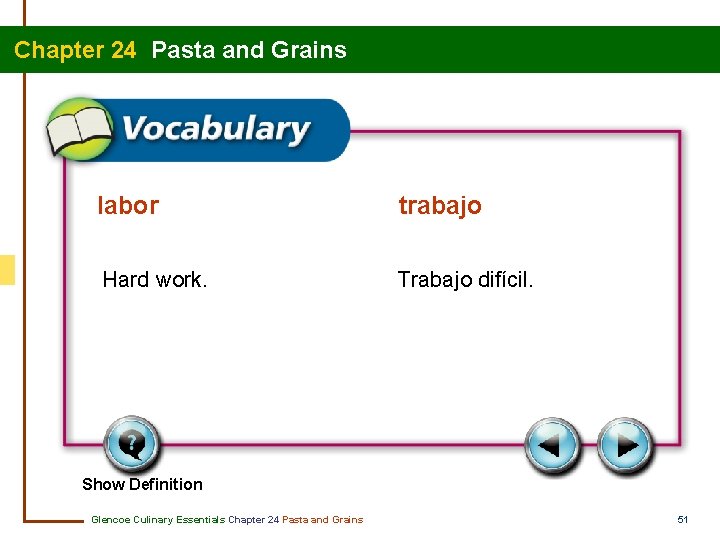 Chapter 24 Pasta and Grains labor trabajo Hard work. Trabajo difícil. Show Definition Glencoe