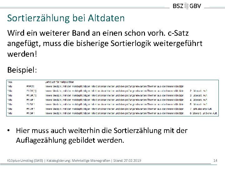 Sortierzählung bei Altdaten Wird ein weiterer Band an einen schon vorh. c-Satz angefügt, muss