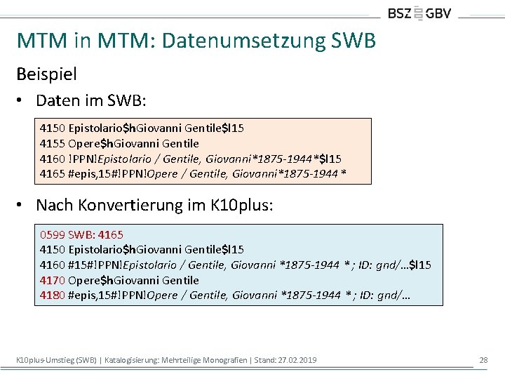 MTM in MTM: Datenumsetzung SWB Beispiel • Daten im SWB: 4150 Epistolario$h. Giovanni Gentile$l