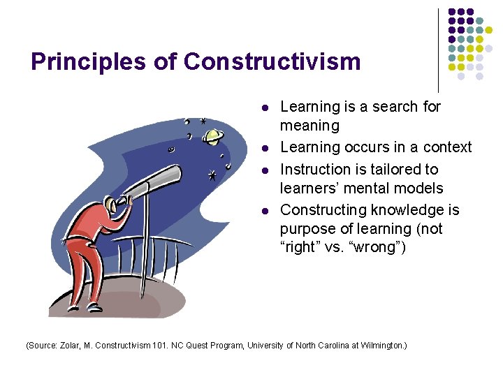Principles of Constructivism l l Learning is a search for meaning Learning occurs in