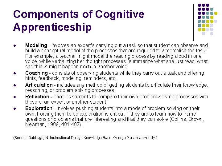 Components of Cognitive Apprenticeship l l l Modeling - involves an expert's carrying out