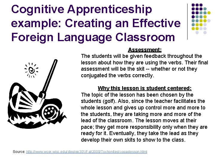 Cognitive Apprenticeship example: Creating an Effective Foreign Language Classroom Assessment: The students will be