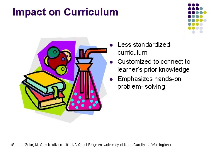 Impact on Curriculum l l l Less standardized curriculum Customized to connect to learner’s