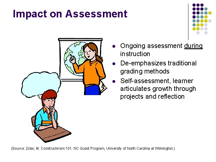 Impact on Assessment l l l Ongoing assessment during instruction De-emphasizes traditional grading methods