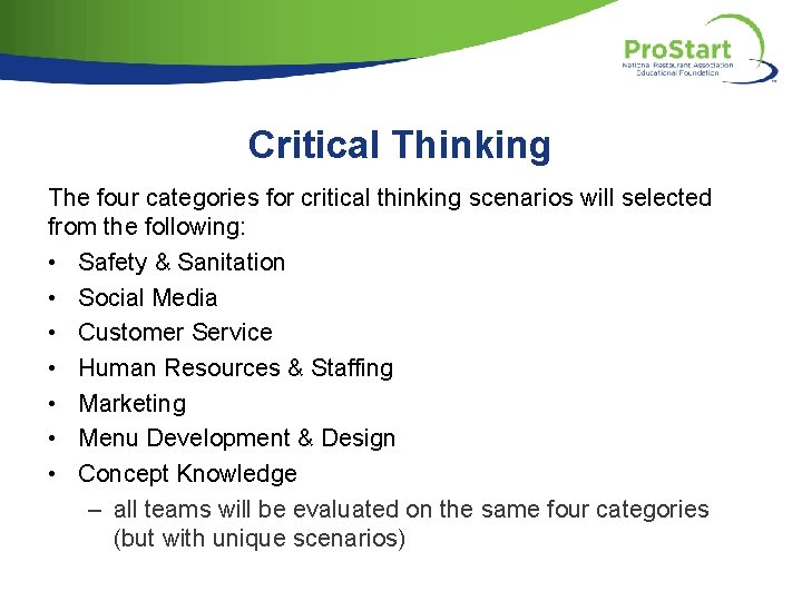 Critical Thinking The four categories for critical thinking scenarios will selected from the following: