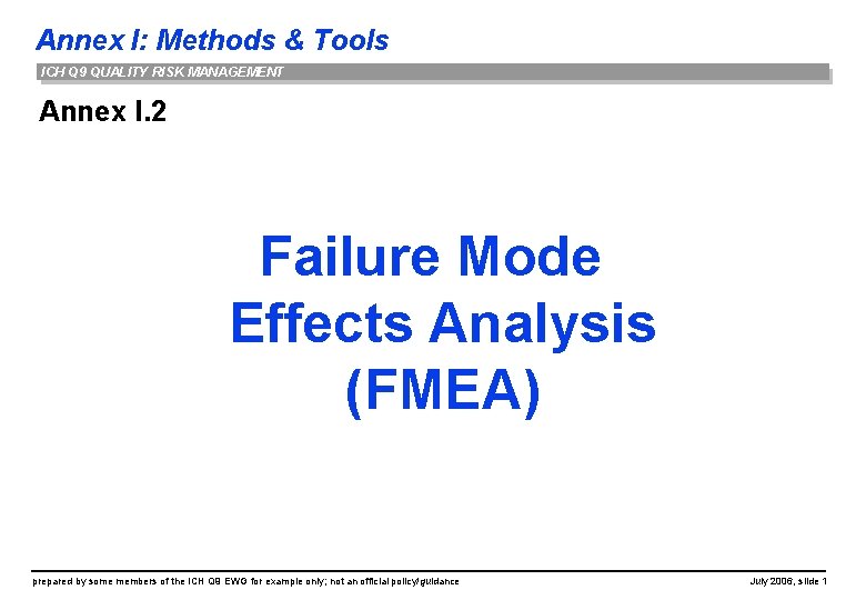 Annex I: Methods & Tools ICH Q 9 QUALITY RISK MANAGEMENT Annex I. 2
