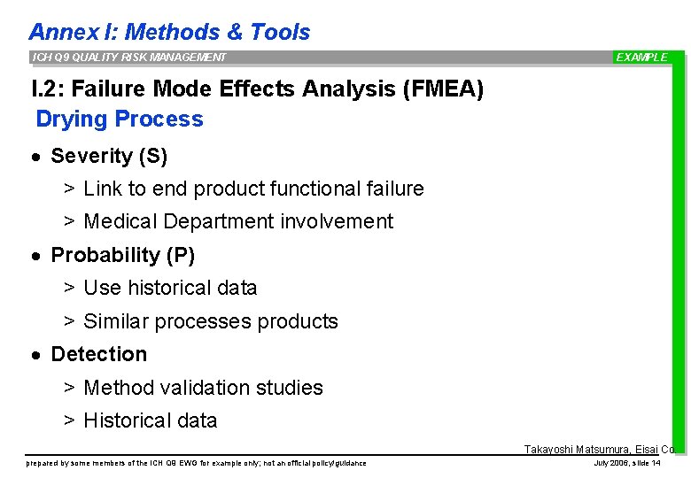 Annex I: Methods & Tools ICH Q 9 QUALITY RISK MANAGEMENT EXAMPLE I. 2: