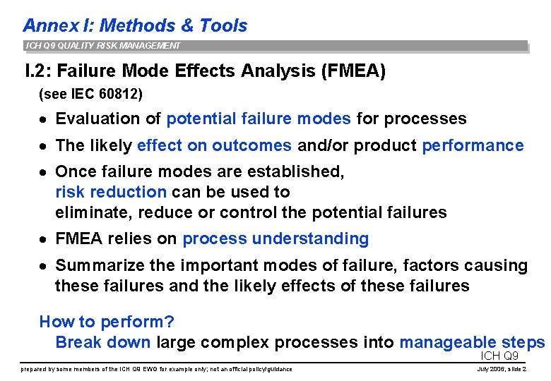 Annex I: Methods & Tools ICH Q 9 QUALITY RISK MANAGEMENT I. 2: Failure