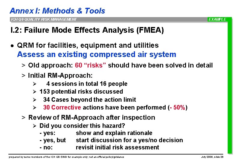 Annex I: Methods & Tools ICH Q 9 QUALITY RISK MANAGEMENT EXAMPLE I. 2: