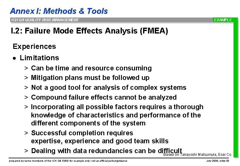 Annex I: Methods & Tools ICH Q 9 QUALITY RISK MANAGEMENT EXAMPLE I. 2: