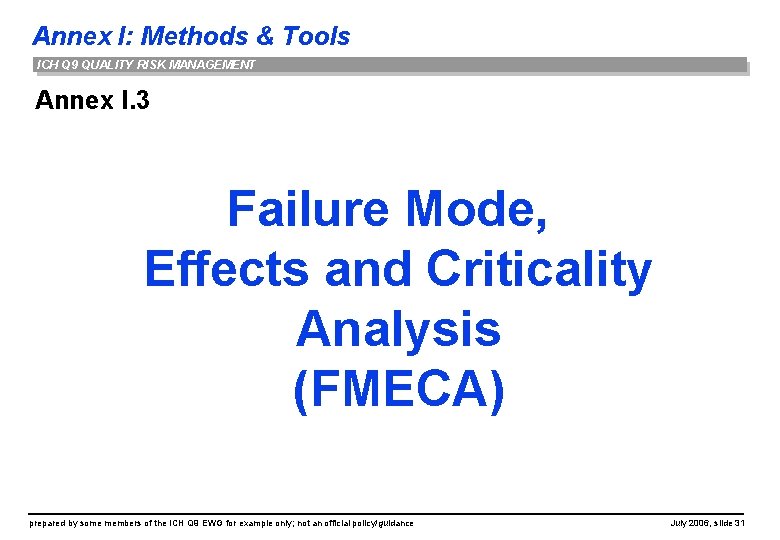 Annex I: Methods & Tools ICH Q 9 QUALITY RISK MANAGEMENT Annex I. 3