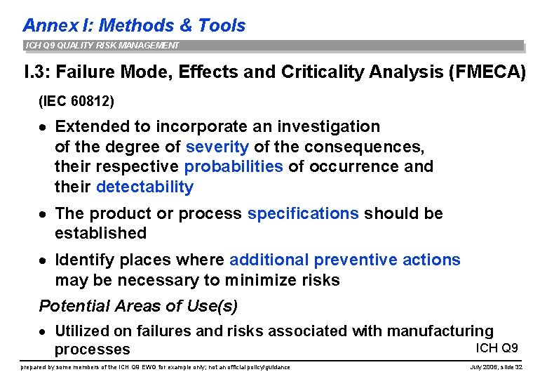 Annex I: Methods & Tools ICH Q 9 QUALITY RISK MANAGEMENT I. 3: Failure
