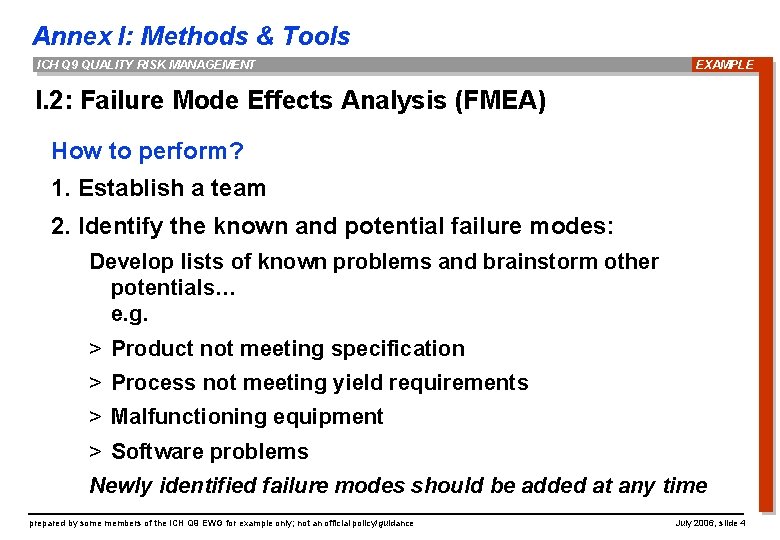 Annex I: Methods & Tools ICH Q 9 QUALITY RISK MANAGEMENT EXAMPLE I. 2: