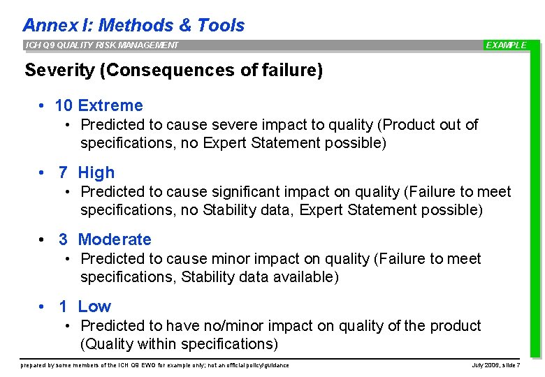 Annex I: Methods & Tools ICH Q 9 QUALITY RISK MANAGEMENT EXAMPLE Severity (Consequences