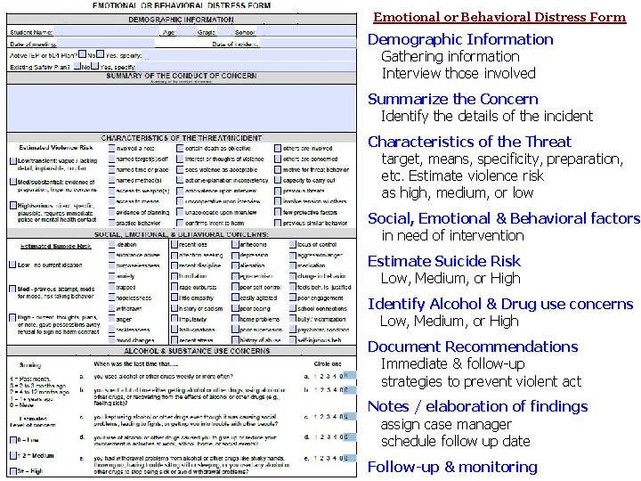 Emotional or Behavioral Distress Form Demographic Information Gathering information Interview those involved Summarize the