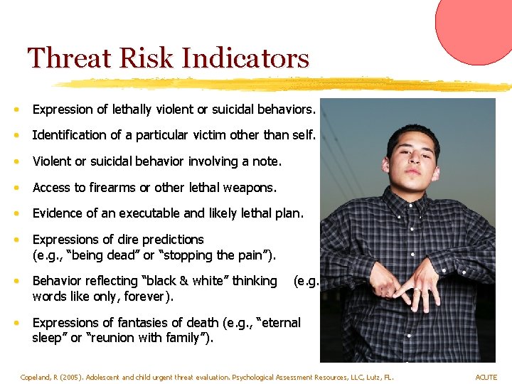 Threat Risk Indicators • Expression of lethally violent or suicidal behaviors. • Identification of