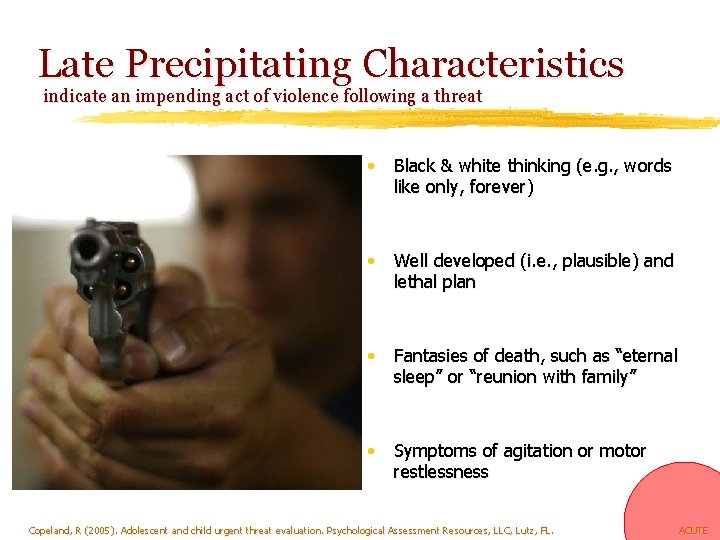 Late Precipitating Characteristics indicate an impending act of violence following a threat • Black