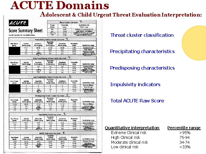 ACUTE Domains Adolescent & Child Urgent Threat Evaluation Interpretation: Threat cluster classification Precipitating characteristics