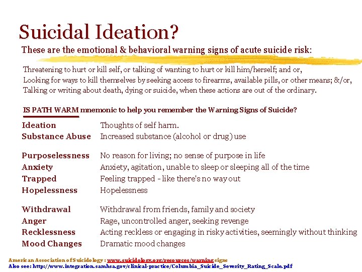 Suicidal Ideation? These are the emotional & behavioral warning signs of acute suicide risk: