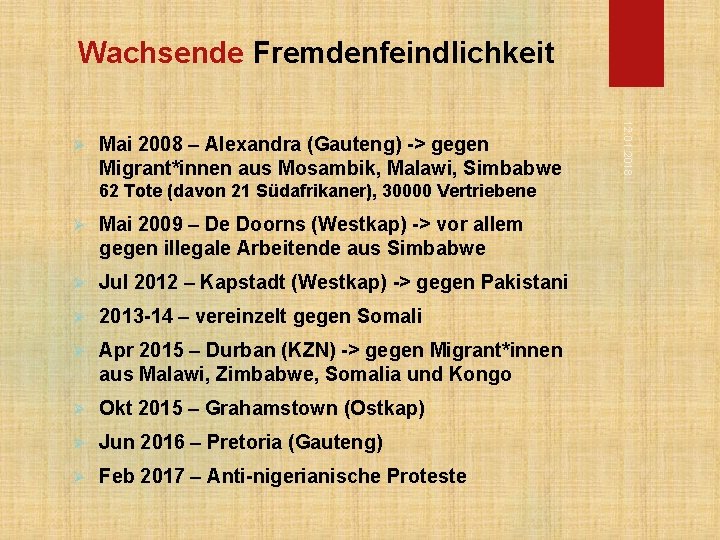 Wachsende Fremdenfeindlichkeit Mai 2008 – Alexandra (Gauteng) -> gegen Migrant*innen aus Mosambik, Malawi, Simbabwe