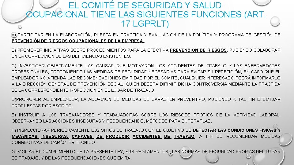 EL COMITÉ DE SEGURIDAD Y SALUD OCUPACIONAL TIENE LAS SIGUIENTES FUNCIONES (ART. 17 LGPRLT)