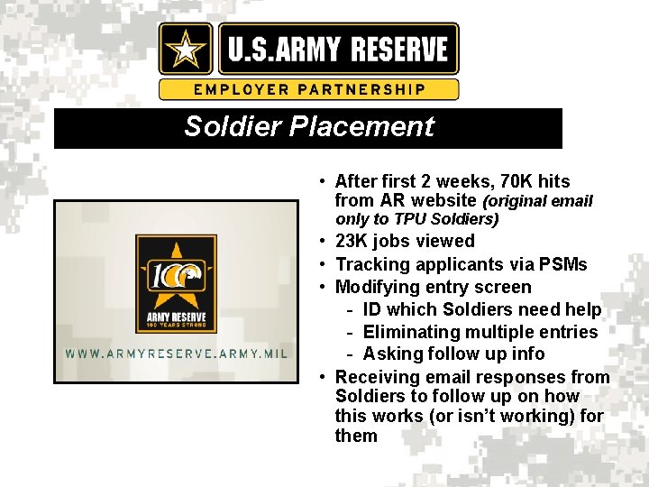 Soldier Placement • After first 2 weeks, 70 K hits from AR website (original