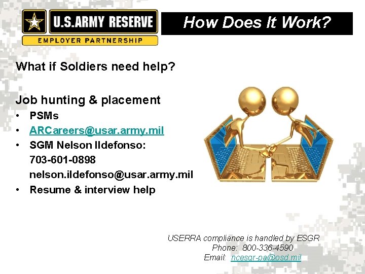 How Does It Work? What if Soldiers need help? Job hunting & placement •