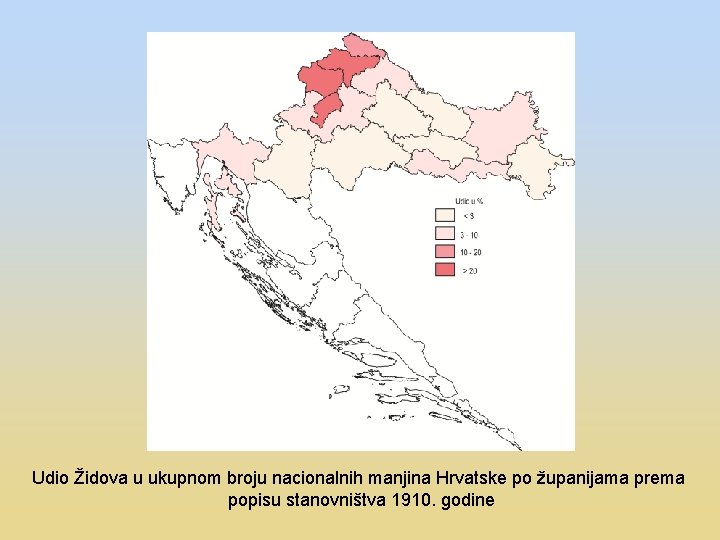 Udio Židova u ukupnom broju nacionalnih manjina Hrvatske po županijama prema popisu stanovništva 1910.