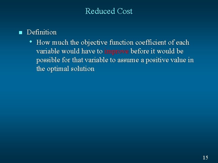 Reduced Cost n Definition • How much the objective function coefficient of each variable