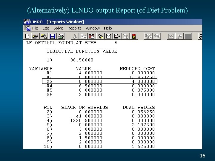 (Alternatively) LINDO output Report (of Diet Problem) 16 