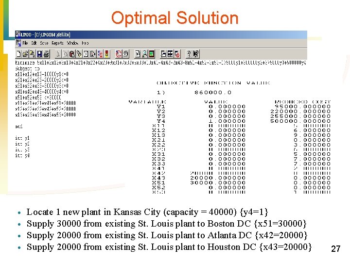 Optimal Solution · · Locate 1 new plant in Kansas City (capacity = 40000)