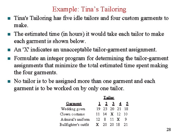 Example: Tina’s Tailoring n n n Tina's Tailoring has five idle tailors and four