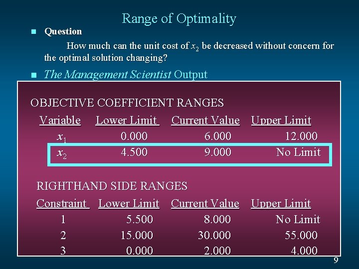 Range of Optimality n Question How much can the unit cost of x 2