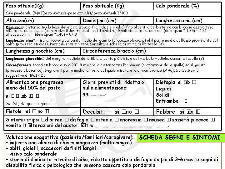 Peso attuale(Kg) Peso abituale (Kg) Calo ponderale (%)= [(peso abituale-peso attuale)/ peso abituale] *100