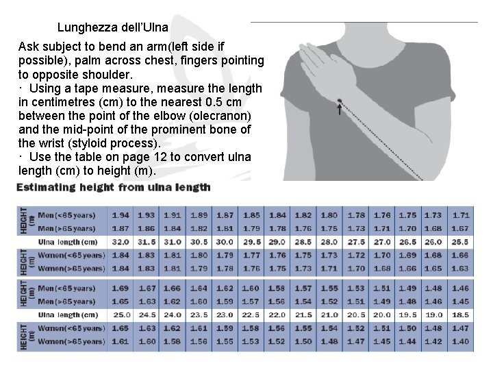 Lunghezza dell’Ulna Ask subject to bend an arm(left side if possible), palm across chest, Lunghezza dell’Ulna Ask subject to bend an arm(left side if possible), palm across chest,