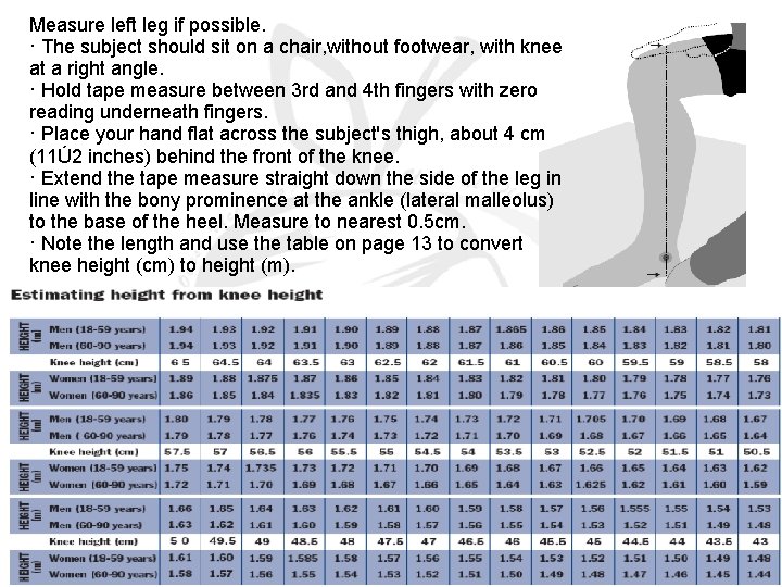 Measure left leg if possible. · The subject should sit on a chair, without Measure left leg if possible. · The subject should sit on a chair, without