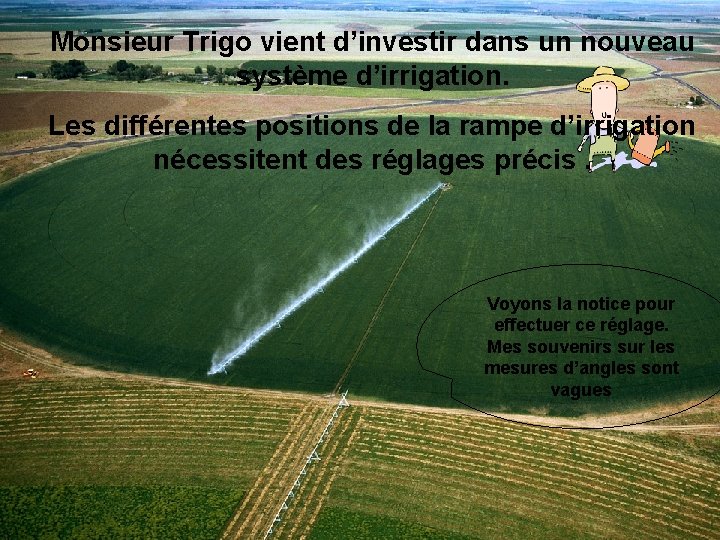 Monsieur Trigo vient d’investir dans un nouveau système d’irrigation. Les différentes positions de la