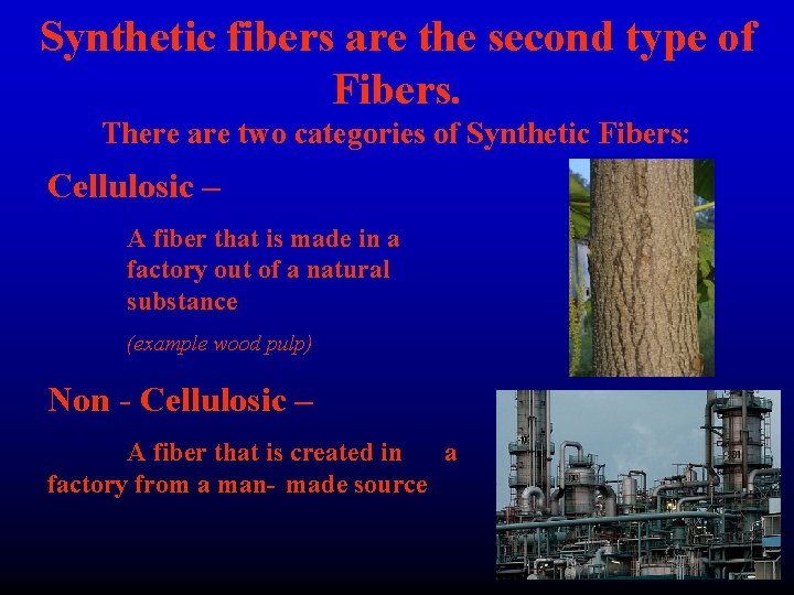 Synthetic fibers are the second type of Fibers. There are two categories of Synthetic