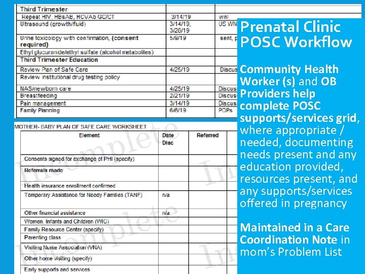 Prenatal Clinic POSC Workflow Community Health Worker (s) and OB Providers help complete POSC