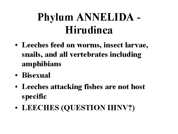 Phylum ANNELIDA Hirudinea • Leeches feed on worms, insect larvae, snails, and all vertebrates