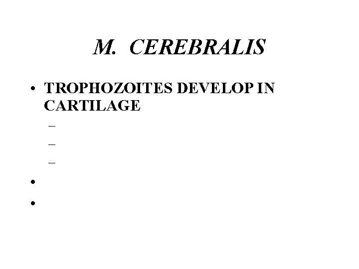 M. CEREBRALIS • TROPHOZOITES DEVELOP IN CARTILAGE – – – • • 