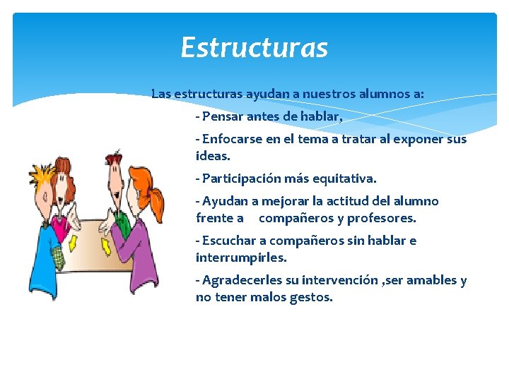 Estructuras Las estructuras ayudan a nuestros alumnos a: - Pensar antes de hablar, -