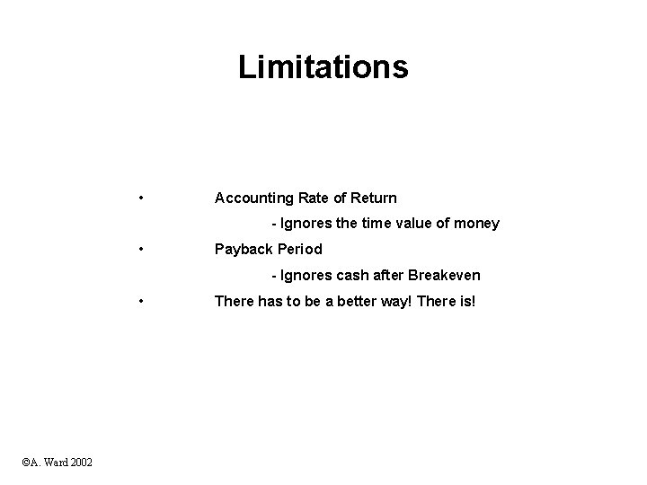 Limitations • Accounting Rate of Return - Ignores the time value of money •